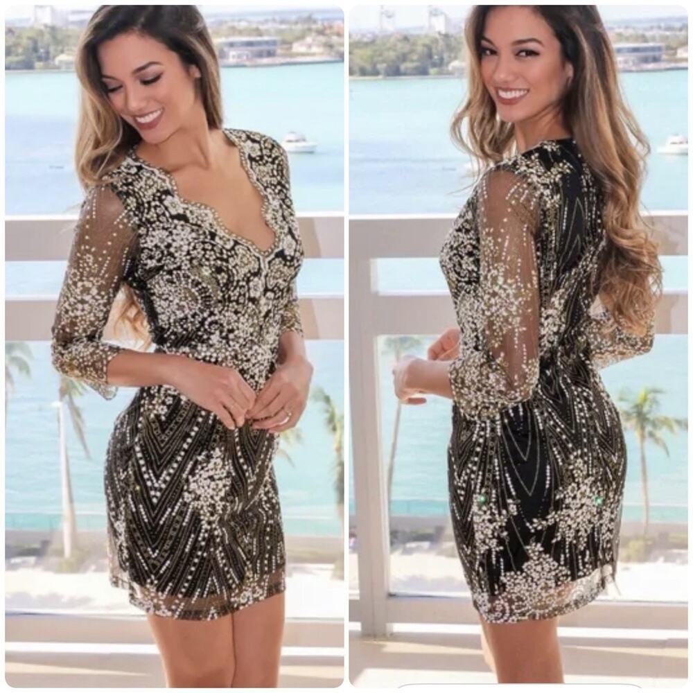 LUXXEL Saved By The Dress Embellished Sparkly Glittery Mesh Mini Dress Size S